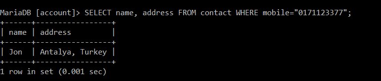 Using SQL find name and address whose mobile number is 0171123377