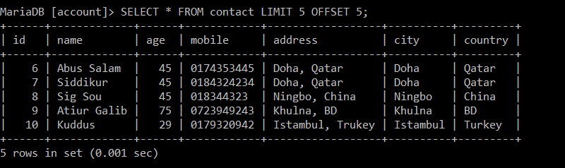 Using SQL OFFSET query with limiting value 5 and offset value 5