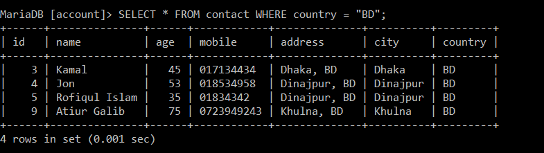 Using SQL find data who are live in BD