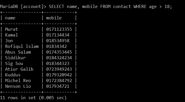 Using SQL find the names and mobile numbers of people who are over 18 years old